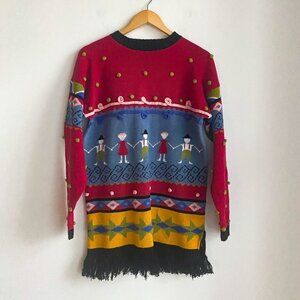 Vintage Almost Heaven Novelty Print  Colourful Fringe Trim Unique Pullover M